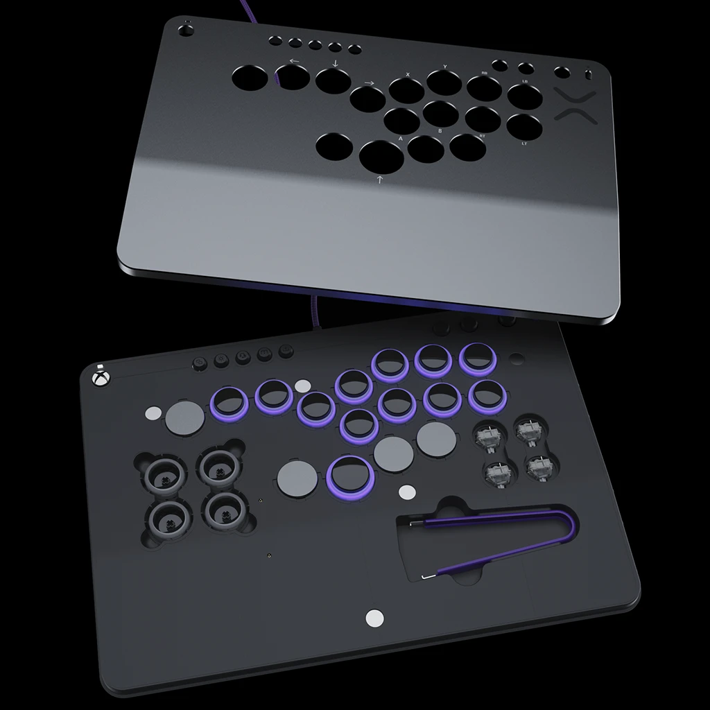 Victrix Pro KO Leverless Fight Stick abierto con sus accesorios dentro.