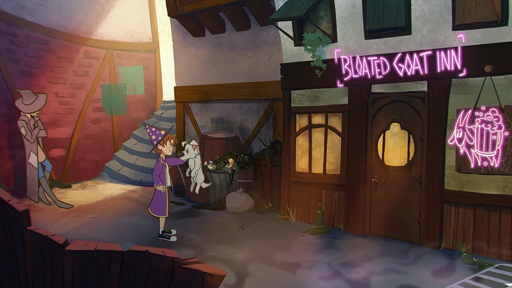 Simon the sorcerer Origins frente a ese antro... Bloated Goat Inn.